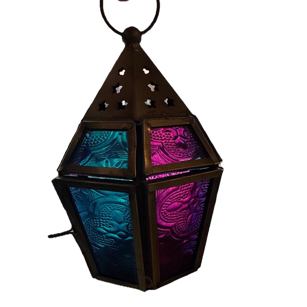 Lantern Candle Holder - Multicolor Color Glass, Metal UNSIGNED Witchy Incense